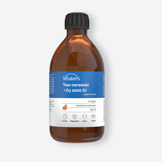 Vitaler's Omega Tran Norweski Omega-3 1200 mg + Witamina D3 2000 IU, Pomarańczowy - 250 ml